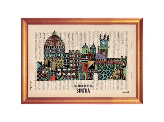 Pena Palace Illustration, Sintra Print on Vintage Dictionary Page