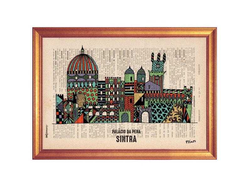 May include: A colorful illustration of the Palacio da Pena in Sintra, Portugal, printed on a vintage book page. The illustration is made up of geometric shapes and patterns in shades of green, red, orange, yellow, and blue.