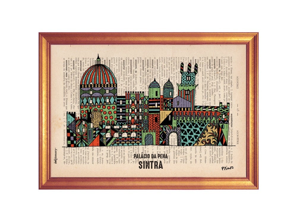 Pena Palace in Sintra illustration poster on dictionary book page in vintage feel handmade illustration of Pena Palace