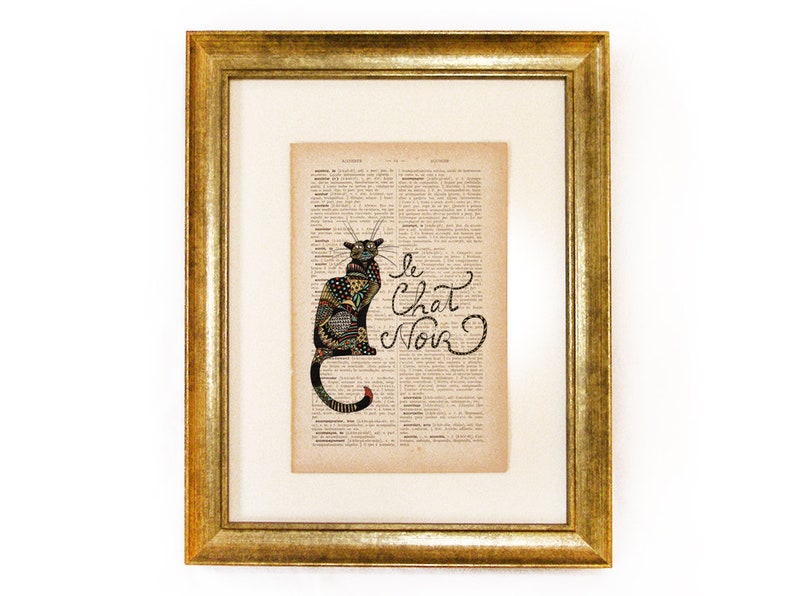 Chat noir dictionary print of a handmade cat illustration printed in old dictionary page vintage feel image 2