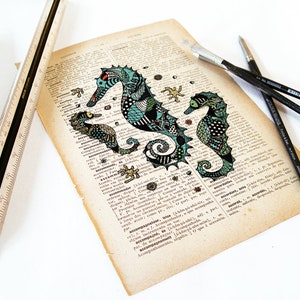 Sea horses illustration wall art decor print handmade illustration on dictionary book page printed in old dictionary page vintage feel image 5