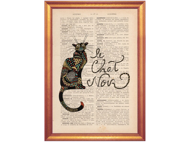 Chat noir dictionary print of a handmade cat illustration printed in old dictionary page vintage feel image 1