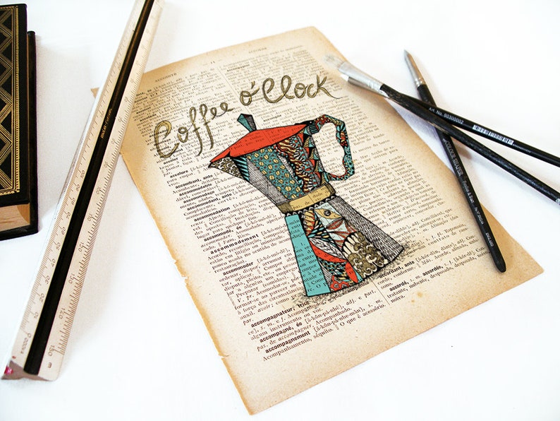 Coffee Pot Poster Dictionary Print Handmade Illustration Printed in Old