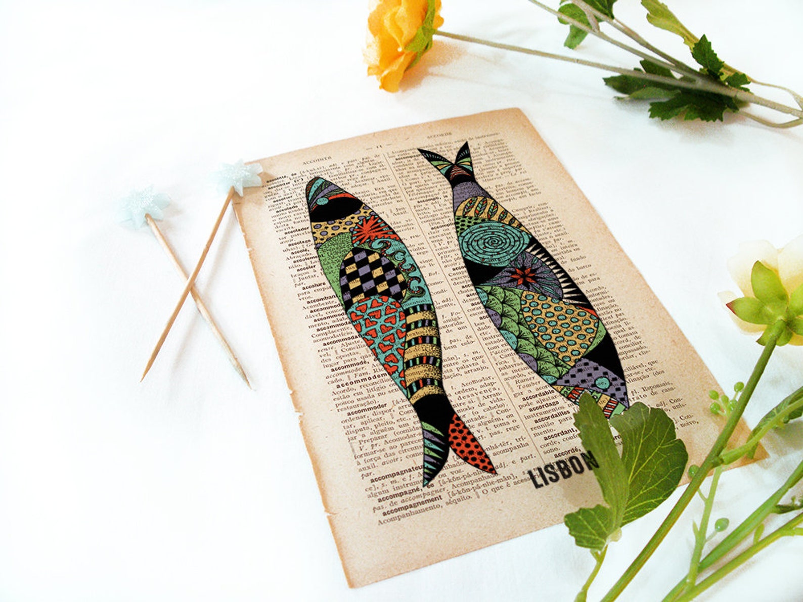 Sardines Illustration Handmade Print on Dictionary Book Page in Vintage