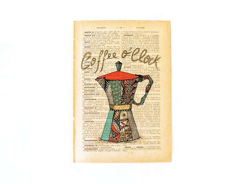Coffee Pot Poster Dictionary Print Handmade Illustration Printed in Old
