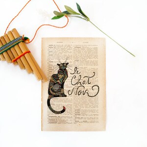 Chat noir dictionary print of a handmade cat illustration printed in old dictionary page vintage feel image 4