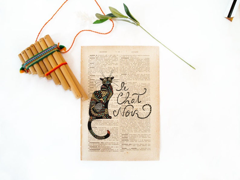 Chat noir dictionary print of a handmade cat illustration printed in old dictionary page vintage feel image 4