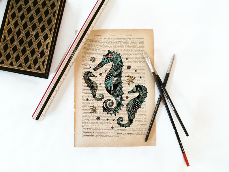 Sea horses illustration wall art decor print handmade illustration on dictionary book page printed in old dictionary page vintage feel image 4