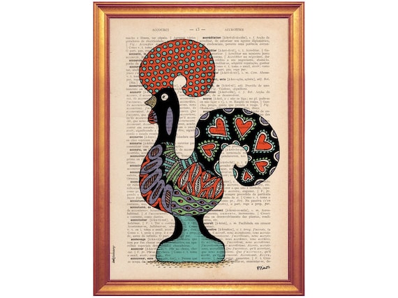 Portuguese Rooster Print | Handmade Illustration on Dictionary Page