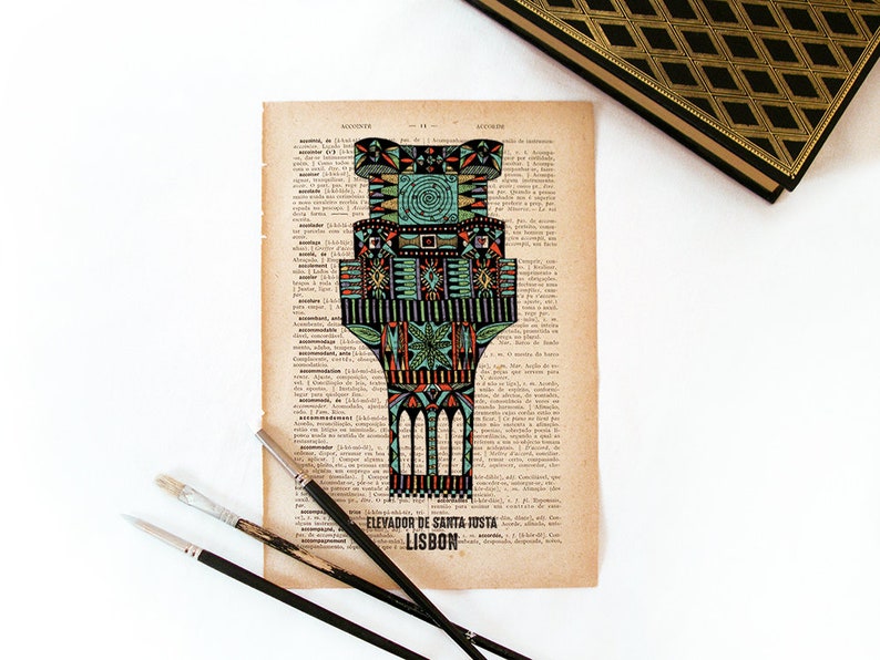 Lisbon Santa Justa Elevator illustration handmade print on dictionary book page vintage feel for Lisbon lovers city illustrations wall art image 7