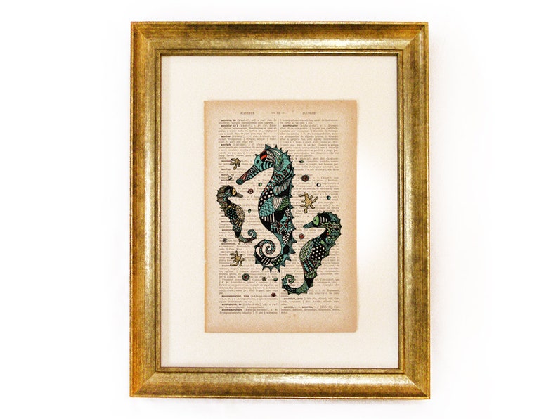 Sea horses illustration wall art decor print handmade illustration on dictionary book page printed in old dictionary page vintage feel image 2