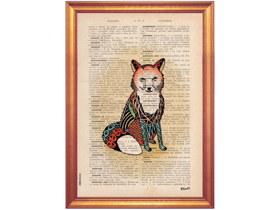 Fox Poster Illustration Wall Art Print Printed on Dictionary Book Page ...