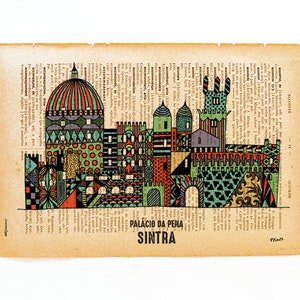 May include: A colorful illustration of the Palacio da Pena in Sintra, Portugal. The illustration is done in a geometric style with a mix of red, green, yellow, and blue colors.