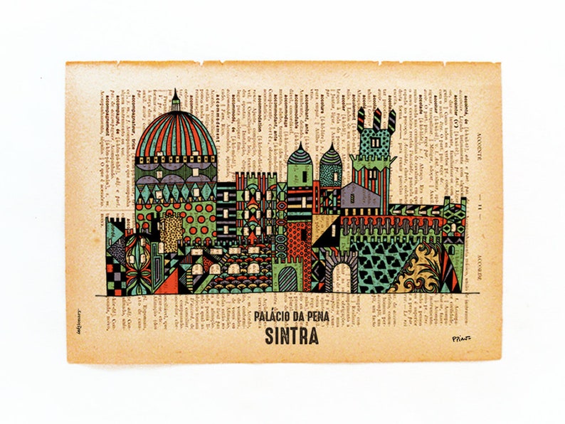 May include: A colorful illustration of the Palacio da Pena in Sintra, Portugal. The illustration is done in a geometric style with a mix of red, green, yellow, and blue colors.