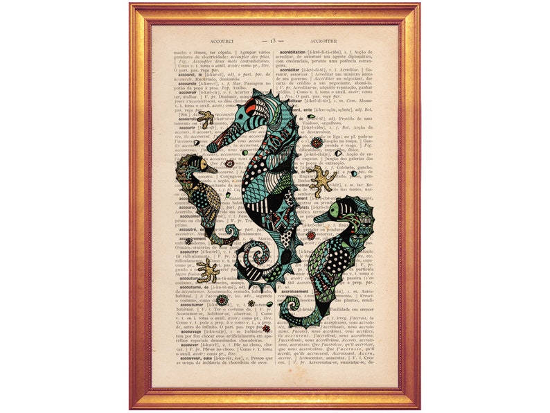 Sea horses illustration wall art decor print handmade illustration on dictionary book page printed in old dictionary page vintage feel image 1