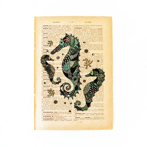Sea horses illustration wall art decor print handmade illustration on dictionary book page printed in old dictionary page vintage feel image 3