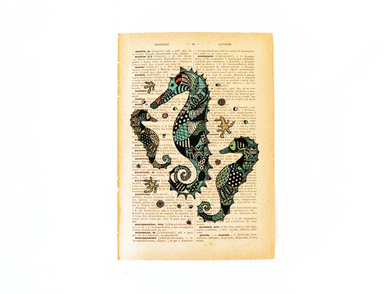 Sea horses illustration wall art decor print handmade illustration on dictionary book page printed in old dictionary page vintage feel image 3