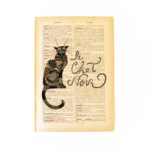 Chat noir dictionary print of a handmade cat illustration printed in old dictionary page vintage feel image 3