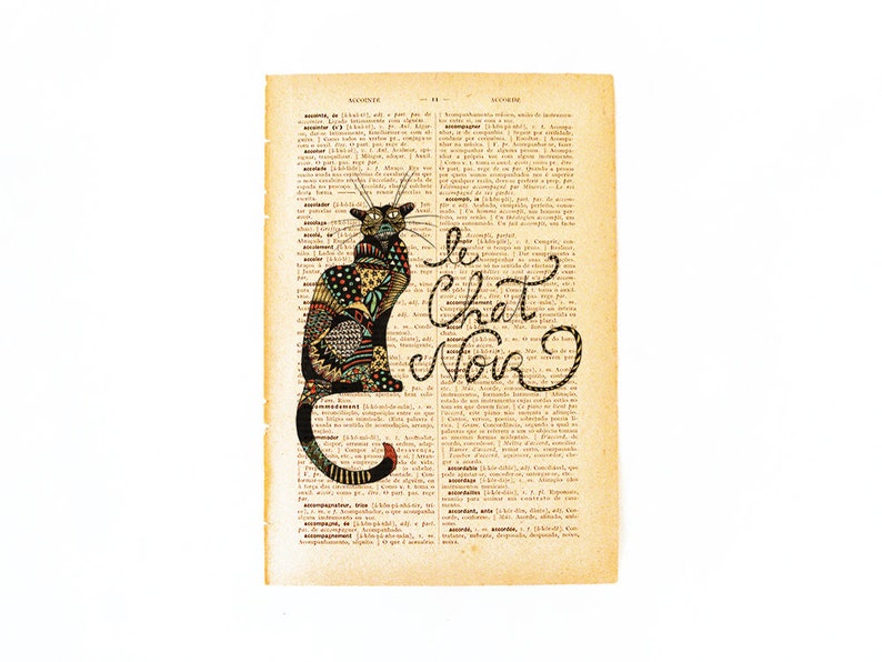 Chat noir dictionary print of a handmade cat illustration printed in old dictionary page vintage feel image 3