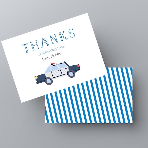 Police Policeman Cop Thank You Cards, EDITABLE, Favor Cards, Kids Birthday, Instant Download, Foldable