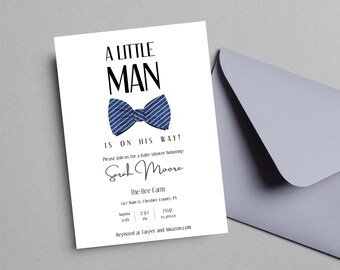 Little Man Baby Shower Invitation Printable Boy Bow Tie Blue Template Editable Text