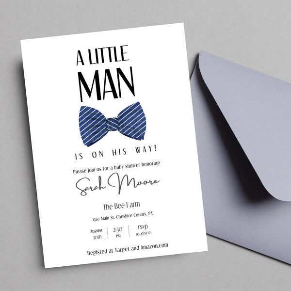 Little Man Baby Shower Invitation Printable Boy Bow Tie Blue Template Editable Text