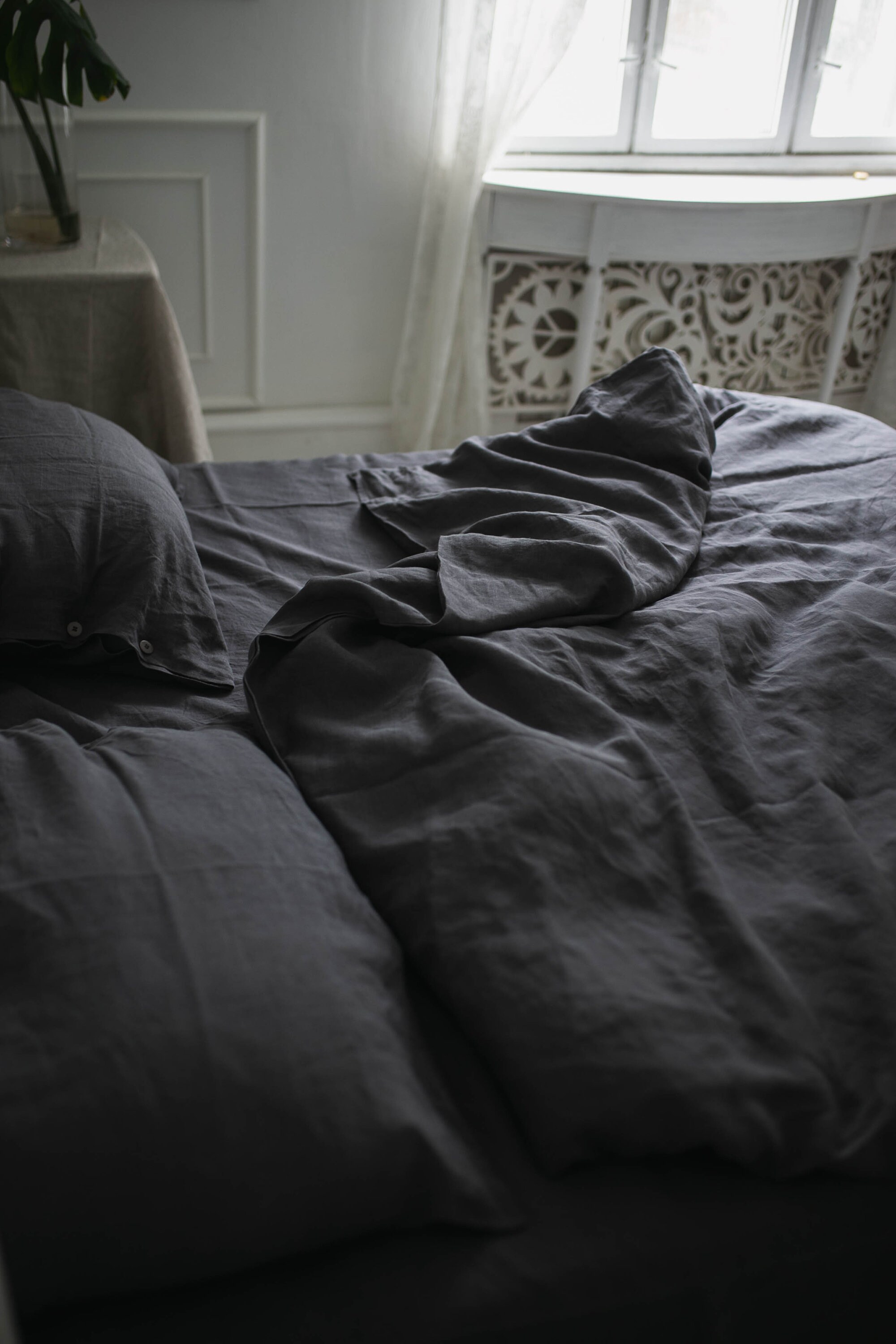 Charcoal Dark Gray Grey Linen Bedding Set Full Washed Bedroom Etsy