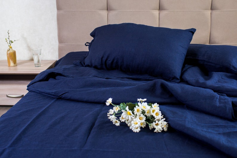 Deep Blue Linen Bedding Set Full Washed Bedroom Bedding Linen Flat