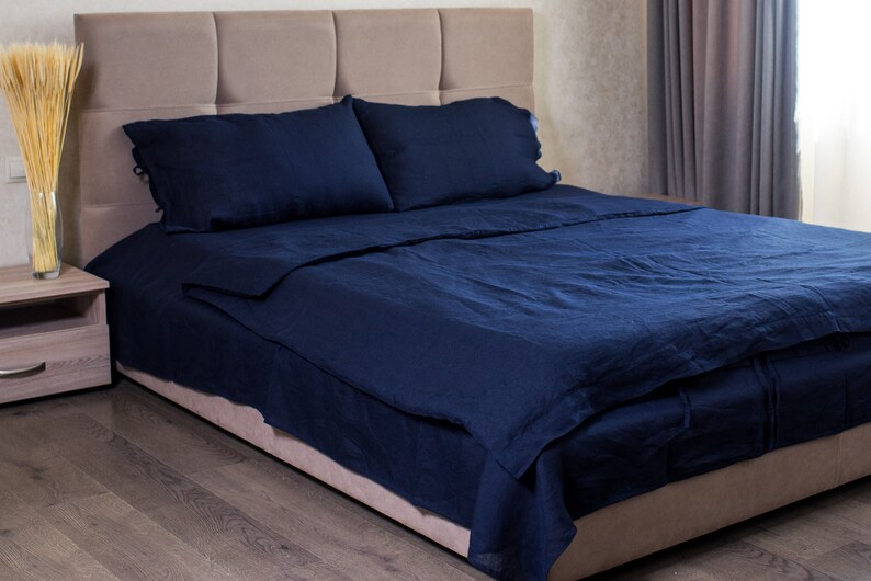 Deep Blue Linen Bedding Set Full Washed Bedroom Bedding Linen Flat