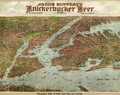 Bird 39 s Eye View Map of New York City, by Knickerbocker Beer (1912) Panoramic Gallery Wrapped Canvas Wall Art Print (D40)