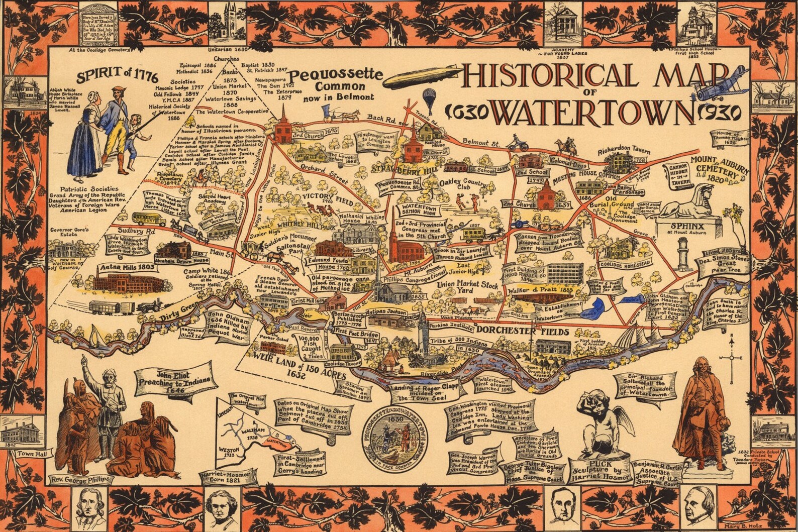 Historical Map of Watertown 16301930 Gallery Wrapped Canvas Etsy