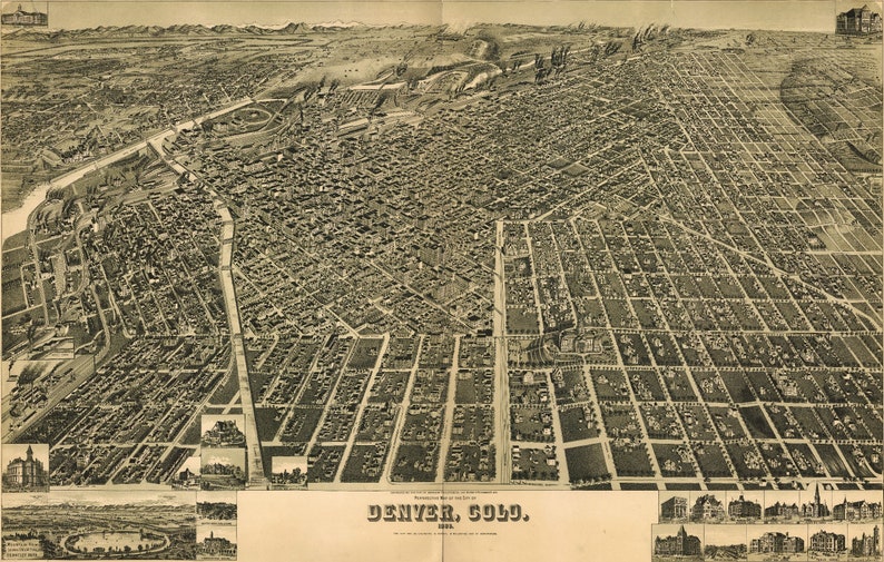 Bird's Eye View 1889 Denver Colorado Vintage Style City Map 20x30 