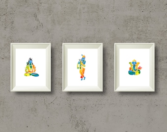 Shiva, Krishna en Ganesha Yoga Print Set, Instant Download Yoga Art