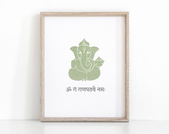 Groene Ganesha poster met Sanskriet mantra, meditatie Instant Download afdrukbaar, yoga kunst, yoga poster, yoga cadeau, meditatie wand decor