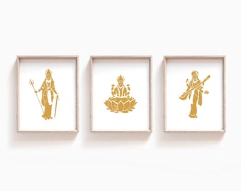 Ochre Lakshmi, Saraswati and Parvati Goddess Print Set, Instant Dowload Hindu Art