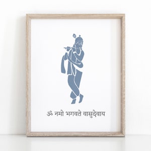 Blue Krishna Yoga Poster with Sanskrit Mantra