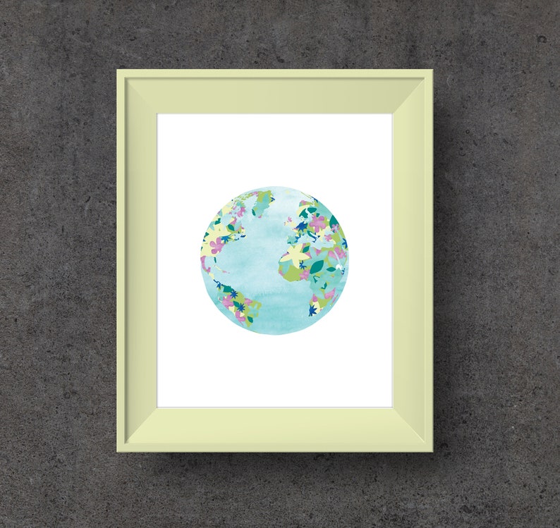 Cartel floral del planeta Tierra, decoración del hogar imprimible, descarga instantánea de impresión del mapa mundial imagen 3