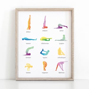 Basic Poses Sanskrit Yoga Poster, Yoga Asana Print, Yoga Gift, Meditation Printable, Yoga Art, Chakra Art, Yoga Sequence, Yoga Studio