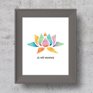 May include: A framed print with a watercolor illustration of a colorful lotus flower and the text "ॐ नमो नारायणाय" in Sanskrit.