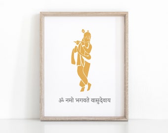 May include: A gold silhouette of a Hindu deity playing a flute, with the Sanskrit text "Om Namo Bhagavate Vasudevaya" below.
