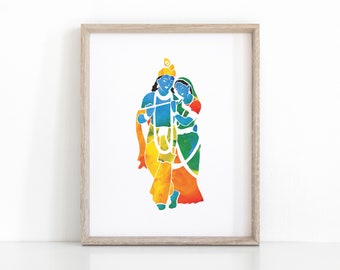 Radha Krishna Hindoe Wall Art, afdrukbare meditatie poster, Instant Dowload spirituele Home Decor