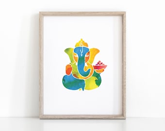 Impresión colorida de Lord Ganesha Yoga, cartel de meditación de descarga instantánea