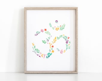 Happy Om Yoga Print, Floral Meditatie Poster, Instant Download afdrukbare Chakra Art