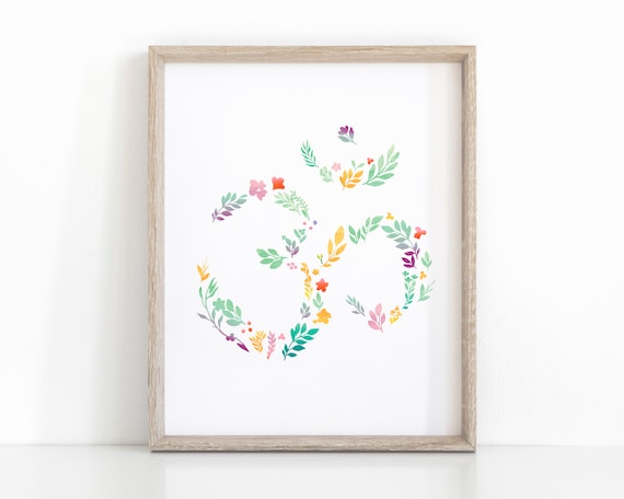 Happy Om Yoga Print, Floral Meditation Poster, Instant Download Printable Chakra Art