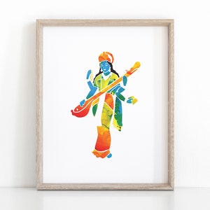 Goddess Saraswati Yoga Print, Instant Download Hindu Art image 1