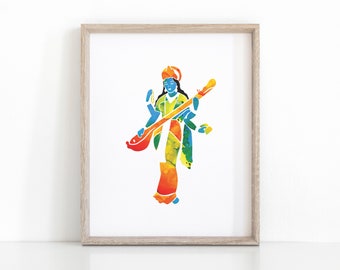 Godin Saraswati Yoga Print, Instant Download Hindoe kunst