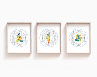 Kleurrijke Shiva, Krishna en Ganesha Mandala Print Set, afdrukbare hindoegoden met mantra's