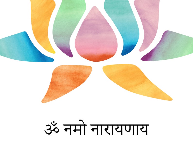 May include: A watercolor painting of a lotus flower in shades of blue, green, purple, pink, and orange. The flower is surrounded by a white background and the text "ॐ नमो नारायणाय" is written below the flower.