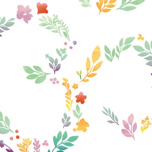 May include: A watercolor pattern featuring a repeating design of green leaves, purple, pink, orange, and yellow flowers. The flowers and leaves are arranged in a circular pattern.