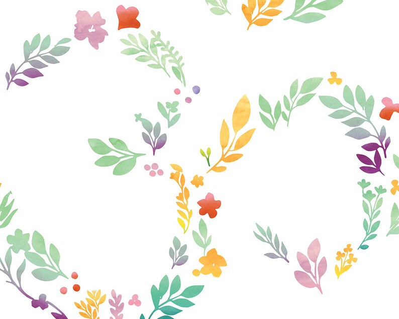 May include: A watercolor pattern featuring a repeating design of green leaves, purple, pink, orange, and yellow flowers. The flowers and leaves are arranged in a circular pattern.